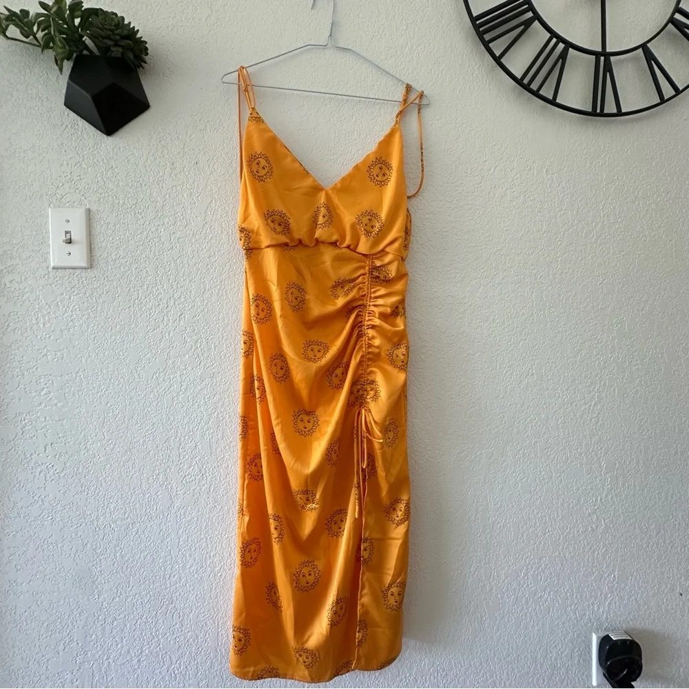 Urban Outfitters Satin Slip Yellow Ruched Midi Dress - Picture 2 of 6
